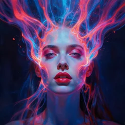 surreal painting by craig mullins and greg rutkowski, owned to see a picture with a woman's face submerged in neon plasma, 8 k, unreal engine, cinematic lighting, hyperrealism, cinematic in the style of 6 0's