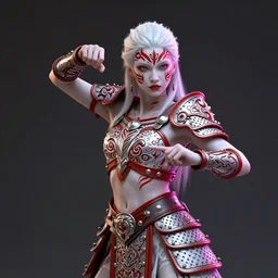 albino girl in a ornated armor pagan facepaint, dynamic pose, detailed, photograph, award wining, red and white, trending on artstation, 4 k, unreal engine 5, octane render, neon highlights