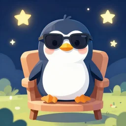 digital art of a cute and small penguin sitting on a chair at night wearing sunglasses! detailed, bright stars, vector art, by emiliano ponzi, by tom whalen, trending on polycount, private press, low poly, 3 d, sketchfab