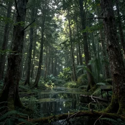 An enchanted forest with a swamp, by simon stalenhag