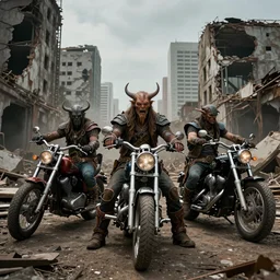 psychedelic post-apocalyptic Orcish motorcycle gang posing in front of city ruins, epic