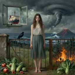 a tall emo girl, courgettes, a rusty gate, pomegranates, a red - eyed blackbird, a sinking ship, a broken window, a stormy sky, a tornado, a hurricane, a tsunami, a volcano, a forest fire, zen, sensual, surrealist, by magritte and monet