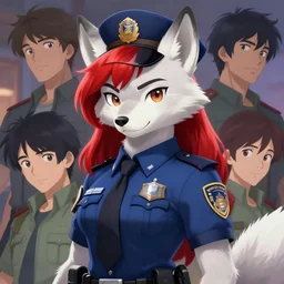 beautiful portrait of a female anthropomorphic albino wolf fursona police officer wearing red hair. character design by disney, charlie bowater, ross tran, artgerm, and makoto shinkai, detailed, soft lighting, rendered in octane