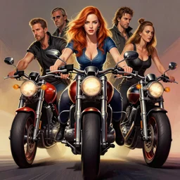 symmetrical - photo!! low - angle!! painting of christina - hendricks!!! riding a motorbike in bladerunner, full frame photograph, intricate, elegant, highly detailed, centered, digital painting, artstation, concept art, smooth, sharp focus, illustration, artgerm, tomasz alen kopera, peter mohrbacher, donato giancola, joseph christian leyendecker, wlop, boris vallejo