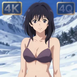 portrait of a beautiful girl with bra, snowy mountain landscape background, ambient lighting, dynamic lighting, 4 k, hq, official media, anime key visual, makoto shinkai, ilya kuvshinov, lois van baarle, rossdraws, detailed, trending on artstation