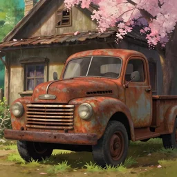 old rusty truck parked in front of an old house, medium shot, studio Ghibli, Pixar and Disney animation, sharp, very detailed, high resolution, Rendered in Unreal Engine 5, anime key art by Greg Rutkowski, Bloom, dramatic lighting