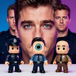 zac efron, john stamos and rob lowe, police photo mug, photoshoot, sharp details, face photo, face details sharp, by donato giancola and greg rutkowski and wayne barlow and zdzisław beksinski, eyeballs, product photography, action figure, sofubi, studio lighting, colored gels, colored background,