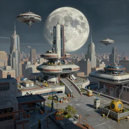 an intricate, detailed painting of a rooftop in the futuristic city that has many aerials and structures on top with a huge, realistic moon in the background, dramatic lighting, 4k, trending on artstation, by John Berkey