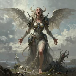 death is swallowed up in victory, very detailed and beautiful portrait of a woman, screaming with fear, artwork by artgerm, centered shot, wide angle, full body, islandpunk, solarpunk, fantasy, highly detailed, digital painting, artstation, smooth, sharp focus, art by thomas kinkade and h. r. giger and yusei uesugi