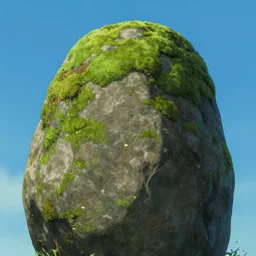 stone covered by moss on blue sky background, eyvind earle, studio ghibli painting, cinematic lighting, volumetric lighting, smooth, sharp focus, highly detailed, render in unreal engine 5, artstation, deviantart, behance, trending, epic composition, octane, light rays, award - winning