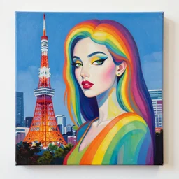 acrylic painting of a bizarre psychedelic woman in a rainbow in tokyo, mixed media collage by basquiat and jackson pollock, maximalist magazine collage art, retro psychedelic illustration