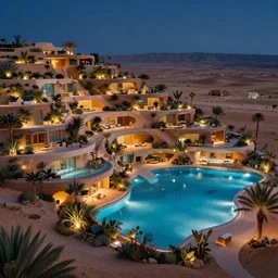 terraced future architecture cyberfunk hotel in the dessert, many plants and infinite pool, night view, cinematic
