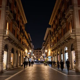 urban scene of via del corso in 1 8 2 3 at night, balconies illuminated, some dark masked figures of carnival, wide lens photograph, in the style of salgado