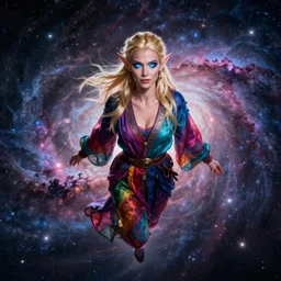 blonde female high elf with blue glowing eyes in a multicolored robe, floatiung in front of a nebula, D&D, fantasy, intricate, cinematic lighting, highly detailed, digital painting, Artstation, concept art, smooth, sharp focus, art by Artgerm and Greg Rutkowski, SFW Version
