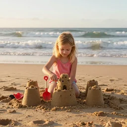little blond girl, making a sandcastle!!! on an Australian Beach, (((red)))!!! sand, shovel, waves, golden hour, Canon EOS R3, f/1.4, ISO 200, 1/160s, 8K, RAW, unedited, symmetrical balance, in-frame