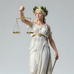 a full body portrait of themis the greek goddess, holding the scale of justice!! wearing a laurel wreath, extremely beautiful, precise anatomy, by artgerm and by greg rutkowski and by alphonse mucha and by simon bisley, radiant light, detailed and intricate environment, symmetrical background