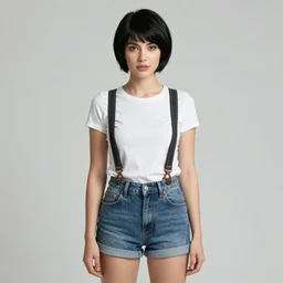 a woman with black hair and long pixie haircut in shorts with suspenders and white t-shirt drawn by Jacques-Louis David, norman rockwell, frank frazetta, alphonso azpiri, maler collier, peter paul rubens, alphonse mucha, gustav klimt 4k, unreal 5, DAZ, french noveau, trending on artstation, octane render, hyperrealistic