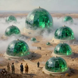 hyper detailed painting of giant domes made of bright, shining, vibrant green emerald glass, in foggy, sprawling across majestic parched plains, by francisco goya and rembrandt, unsettling, mysterious, by stephan martiniere and alexander fedosav, hyperrealism, 8 k resolution, behance hd, artstation, nightcafe