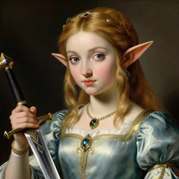 detailed baroque painting of princess zelda, from legend of zelda, as an elegant noblewoman, highy detailed face, soft silk dress, style of aleksi briclot and peter paul rubens, intricate, soft lighting, beautiful art, legend of zelda, master sword
