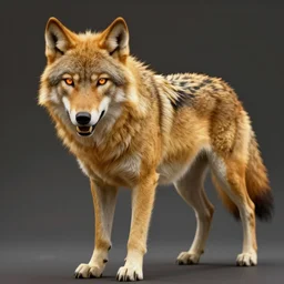 bipedal golden wolf, sharp fangs, fiery eyes, highly detailed, deep focus, elegant, digital painting, smooth, sharp focus, illustration, ultra realistic, 8 k, art by wlop