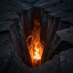 looking down into a fissure in the earth, we see a fiery portal to another dimension, realistic, cinematic, dark colors, bright light