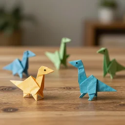 origami dinosaurs on a wooden table. blurry background. professional product photography.