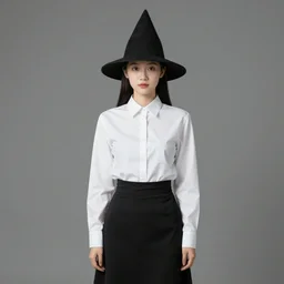 a woman wearing a white long sleeved shirt a long black skirt and a long pointed hat while blowing a fanfare trumpt in a hill on a forest, full shot, old illustration, light sepia, album art