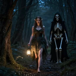 a photo of woman elf walks in night forest holding lantern in hands hunted by dark fairy demon ghost of death, black skeleton in cloak hood, front view