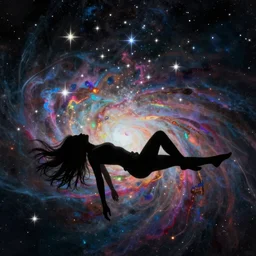 silhouette of a girl laying horizontally suspended in air with long hair, she's exploding into incredible stars and nebula, dramatic abstract digital painting, trending on artstation