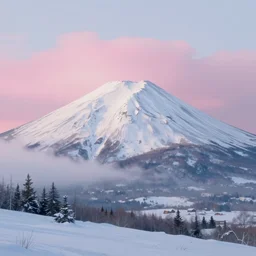 snowy mountain with pink foggy clouds painted by Eric Sloane