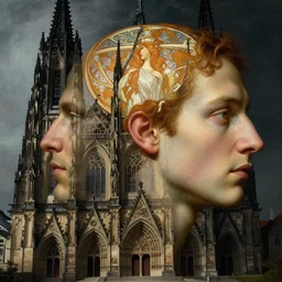 photo of a human head morphing in together with a gothic cathedral, anatomically correct, moody, highly detailed, rule of thirds, sharp focus, art by raphael, john william godward, ernst haeckel, alphonse mucha, francois schuiten