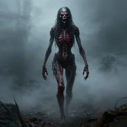 tall slender humanoid walking in the mist, red eyes, bloody face, creepy, horror, fantasy, bloodcurdling