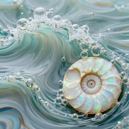 Art Nouveau cresting oil slick waves, hyperdetailed bubbles in a shiny iridescent oil slick wave, ammolite, detailed giant opalized ammonite shell, black opal, abalone, paua shell, ornate copper patina medieval ornament, rococo, oganic rippling spirals, octane render, 8k 3D, cresting waves and seafoam