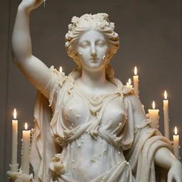 a delicate renaissance marble goddess with the hole in face covered with wax фтв covered with many candles, highly detailed marble cloth, gi, global illumination, physically based rendering, photorealistic, top light, by Edgar Maxence, Jin Shan and Ross Tran, Mooniq Priem, Boris Vallejo