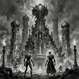 b & w inks of 4 character, tiered flayed god machines, cluster tiered heirarchy, battle chaos, mainframe hydrocracking battles, medical chromed, dystopian, by wayne d barlowe, alex nino, hyper realism, narrative light, muted colors, epic, hyper detailed, awe inspiring, award winning horror, torch lighting, hyper realism, cinematical