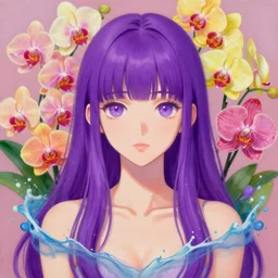 an attractive girl is surrounded by colorful orchids, symmetrical face and eyes, flat upper body face, long straight purple hair, visible face, otaku : : portrait, painting, splash