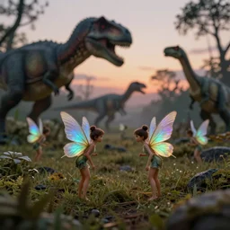 close - up view of small fairies with iridescent wings in a jurassic land and dinosaurs. dark setting. just before dawn. fantasy art. trending on artstation