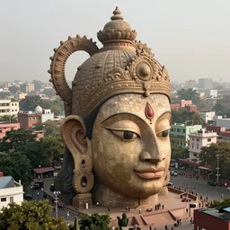 gorgeous dreamscape! biomorphic new delhi, hanuman!! head building, kalighat, octane highly detailed cinematic, stephen shore & john j. park, soft morning light, wide shot, high angle, uhd 8 k, deep focus