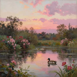 a painting of a duck pond at sunset, surrounded by flower bushes, a detailed matte painting by marc simonetti, deviantart, hudson river school, terragen, pink clouds, pastel sky, trending on artstation