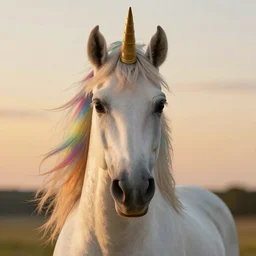 a beautiful portrait of A unicorn with long rainbow hair gazing warmly at the viewer, golden hour, by J.C Leyendecker and Peter Paul Rubens