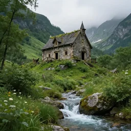 old abandoned dwarven keep nestled high up in mountains. lush greenery picturesque scenery. running water. landscape photography. fantasy. trending on art station.