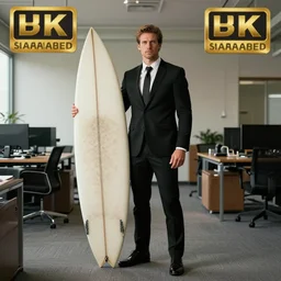 full body portrait, white man in black suit surfs in office, furniture around, business surrounding, dslr, insane details, hyper reallistic, 8 k,, ultra clear detail, hdr, textured, award winning, professional photography
