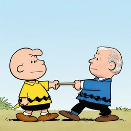 a cartoon in the style of peanuts by charles schulz of joe biden pulling away the nuclear football before trump can kick it