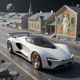 futuristic lada flying car on the street of a Russian sleeping quarters on the moon, Norilsk, sci-fi, fantasy, intricate, very very beautiful, elegant, highly detailed, digital rendering, Cinema 4D, artstation, concept art, smooth, sharp focus, illustration, art by artgerm and greg rutkowski and alphonse mucha