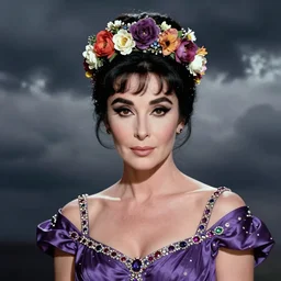 center portrait fine art photo of the beauty elizabeth taylor, dramatic pose she has a crown of stunning flowers and dress of purple satin and gemstones, symmetrical realistic eyes, background full of stormy clouds, by peter mohrbacher