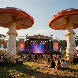 70s photo of trippy hippy festival Woodstock stage with giant mushrooms