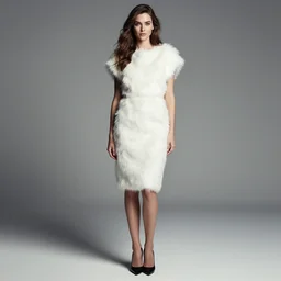 full body aesthetic photograph of a beautiful young woman in a white fur cocktail dress by Nick Knight, realistic, photorealistic, HD, 4k resolution