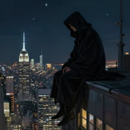 dark cloaked figure, perched on a skyscraper, close full figure, night, starsky in the background, impressionist drawing, procreate, artstation