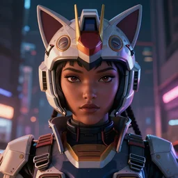 anime portrait illustration of a 👧🏿 gundam pilot in an intricate sexy cat - shaped helmet, hiphop urban inspired, symmetrical proportions, symmetrical perfect facial features, cinematic lighting, hd, 3 2 k, octane, unreal engine, cinematic lighting, volumetric lighting, in the style of go teen titans and disney's pixar, by denys cowan and dwayne mcduffie