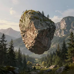 a giant rock is levitating over an ancient forest near a high mountain, fantasy, morning sun, wide angle landscape, ivan aivazovski, andreas achenbac